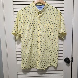 IZOD Men's Shirt XL Yellow Blue Pineapple Pattern Button-down Short-slee…